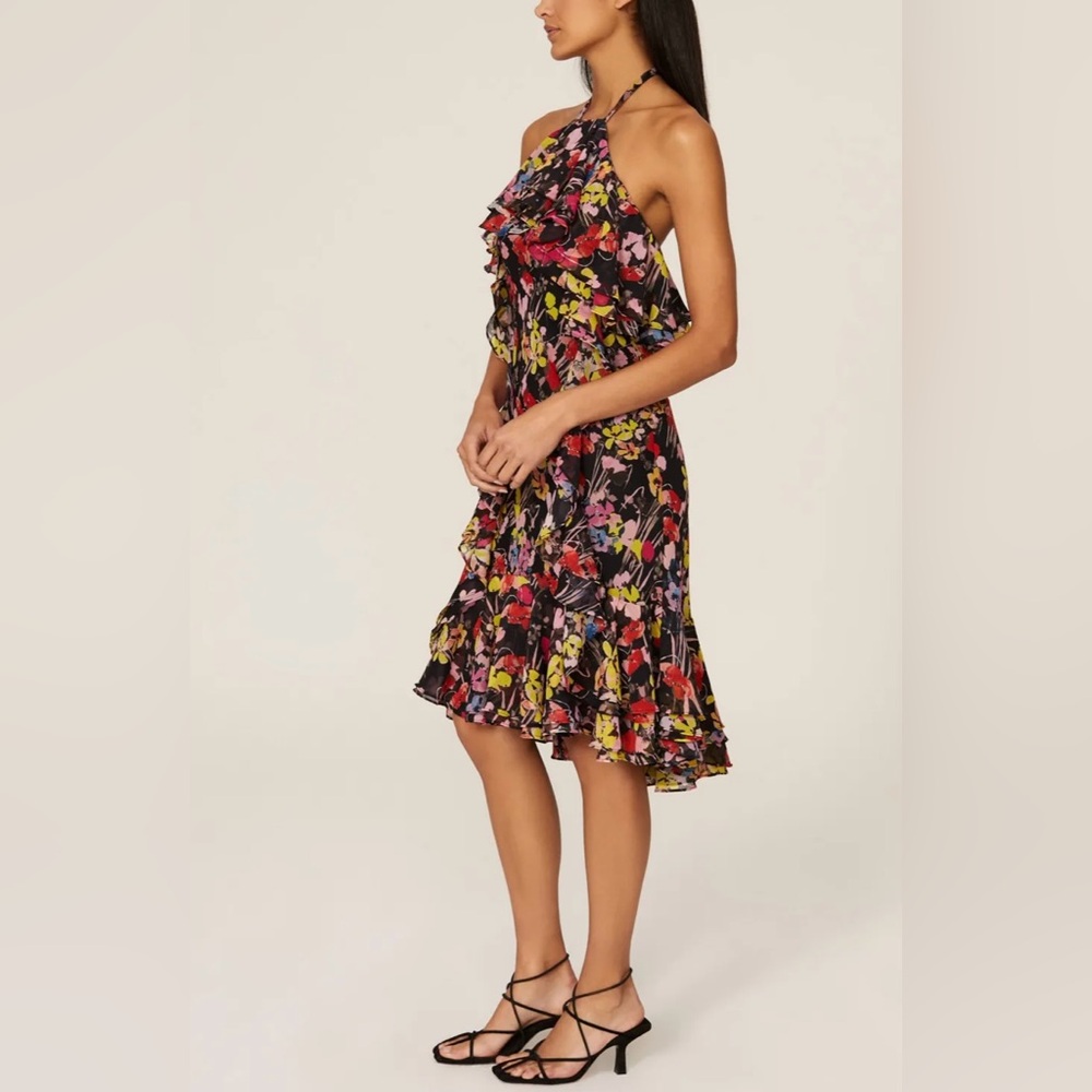 NWT Jason Wu women’s chiffon multicolored floral halter neck ruffled midi dress - Picture 3 of 17